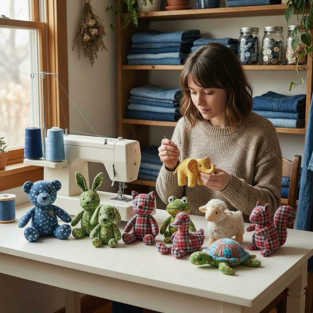 AI generated image of a woman sitting at a serwing table working on dolls a sewing machine inb the background