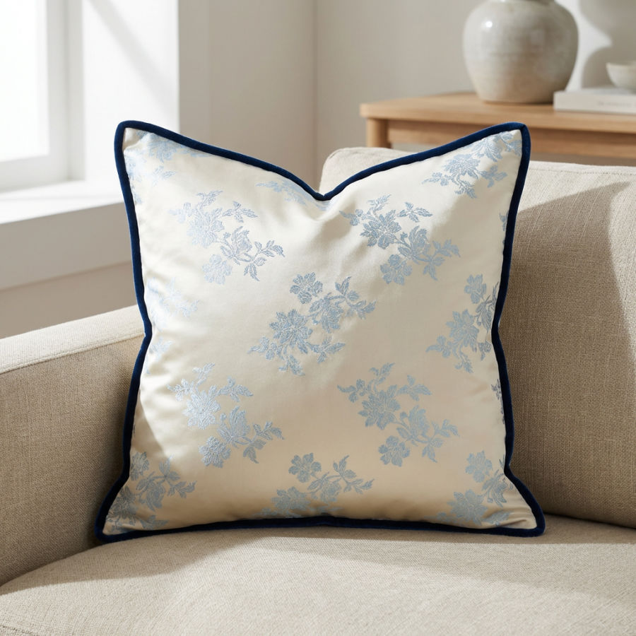image of a square decorative pillow sitting on a couch with a round of piping in contrasting color sewn around the pillow edges