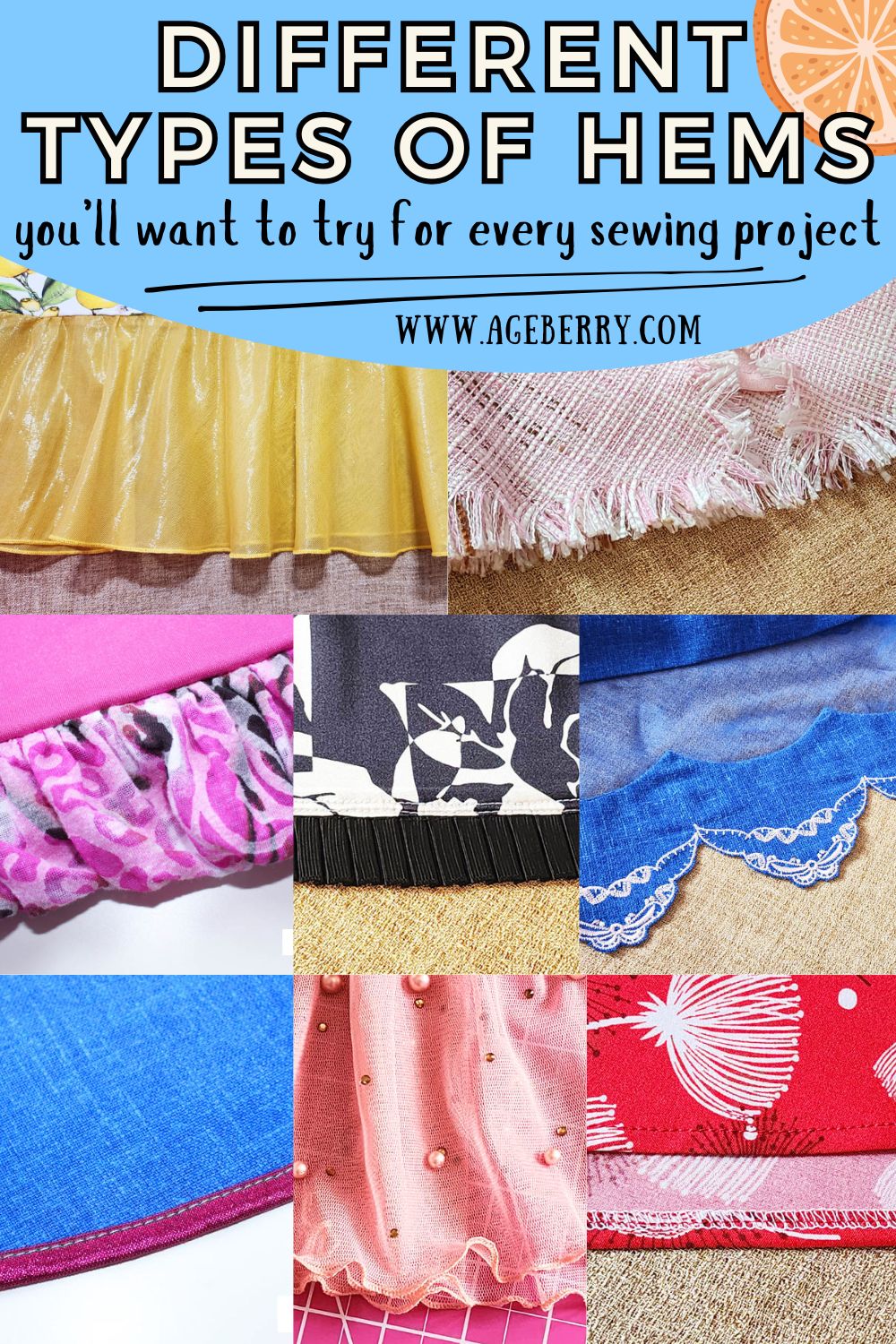 Learn how to choose different types of hems for every sewing project, shown in a grid of real fabric samples including rolled hems, lace hems, blind hems, knit hems, and decorative finishes. Beginner-friendly sewing guide that helps you compare hem styles, understand fabric behavior, and pick the right hemming technique for garments and home sewing projects.