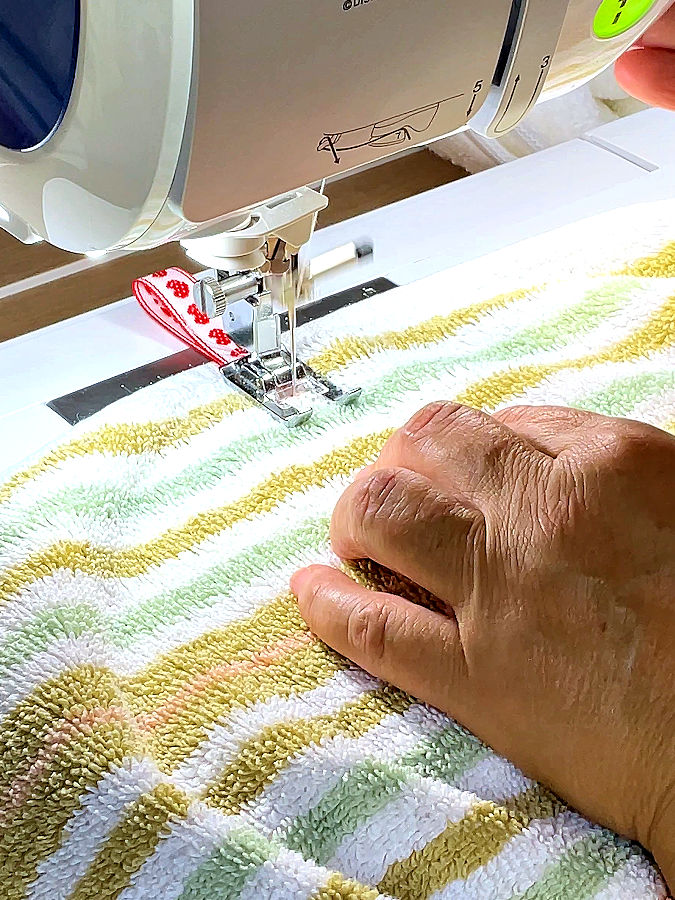 image taken while sewing the loop to the towel