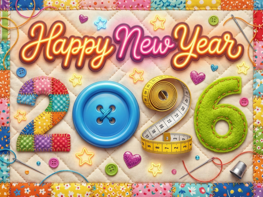 AI generated image with a sewing theme intended as illustration for a New Year greeting card