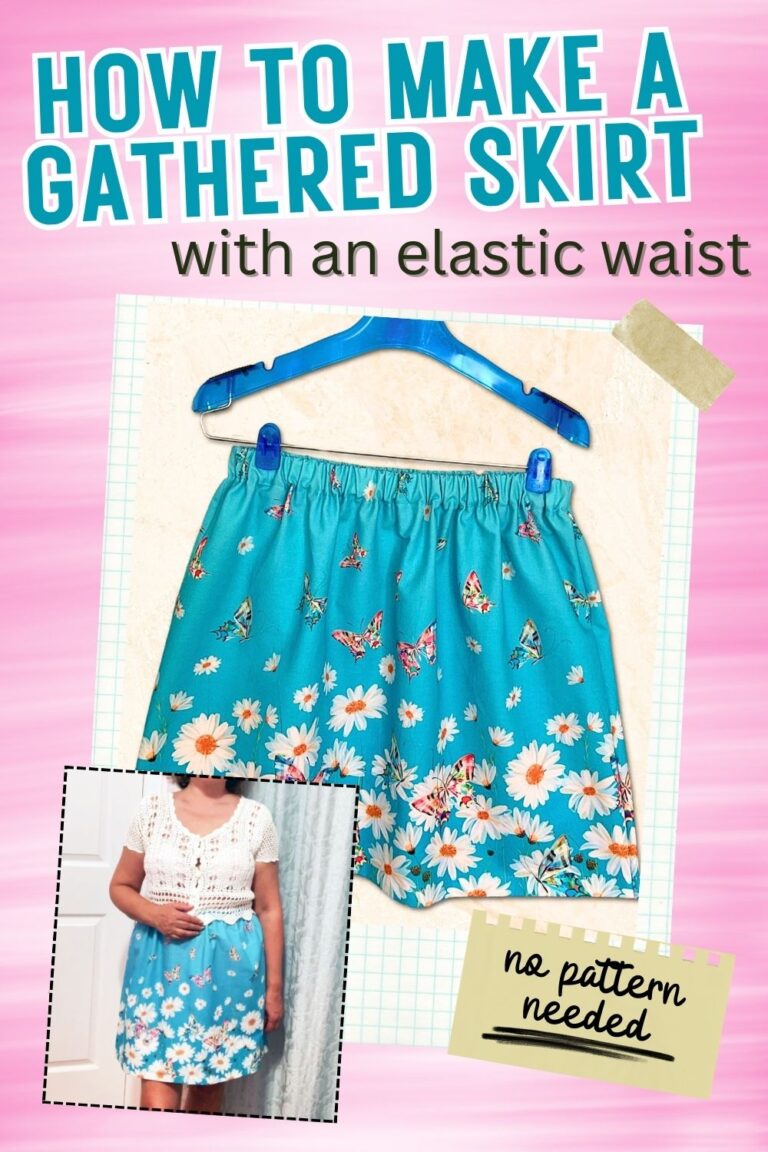 Learn how to make a gathered skirt with an elastic waist, no pattern needed. Image shows a finished turquoise skirt with a floral and butterfly print, gathered evenly at the waistband and clipped to a hanger. An inset photo shows the skirt worn, highlighting the relaxed fit and comfortable elastic waist. This beginner-friendly sewing tutorial demonstrates how to sew a simple gathered skirt using straight seams and basic measurements, from Ageberry.com.