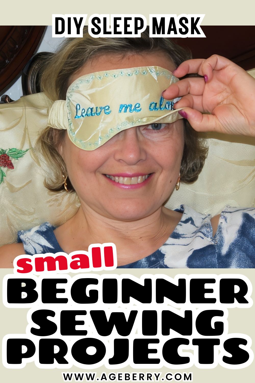 Learn how to sew a DIY sleep mask with this small beginner sewing project. The image shows a handmade fabric sleep mask worn on the face, with a soft elastic band and decorative stitching. This beginner-friendly sewing tutorial teaches how to cut a simple sleep mask shape, sew curved seams, add elastic, and make a comfortable eye mask for rest or travel using basic sewing techniques and scrap fabric.