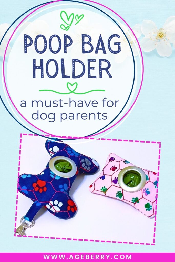 Learn how to sew a fabric poop bag holder that actually works for everyday dog walks. Image shows two handmade poop bag holders in paw-print fabric—one star-shaped with a swivel clip and one square—each with a metal grommet for easy bag dispensing. Simple, beginner-friendly sewing project with practical details, from Ageberry.com.