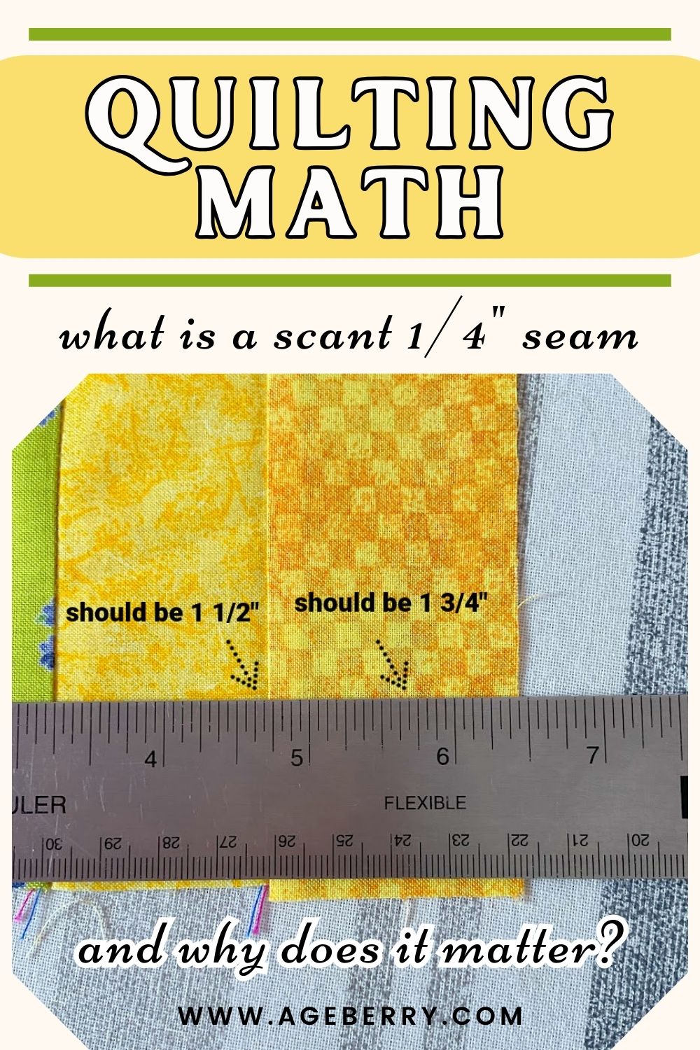 Quilting math visual showing fabric strips sewn together and measured with a ruler to explain what a scant 1/4 inch seam means. The image highlights how seam allowance affects finished quilt block size, with labels showing expected measurements versus actual results. Designed to explain quarter-inch seams, quilt piecing accuracy, and why small seam differences matter in quilting.