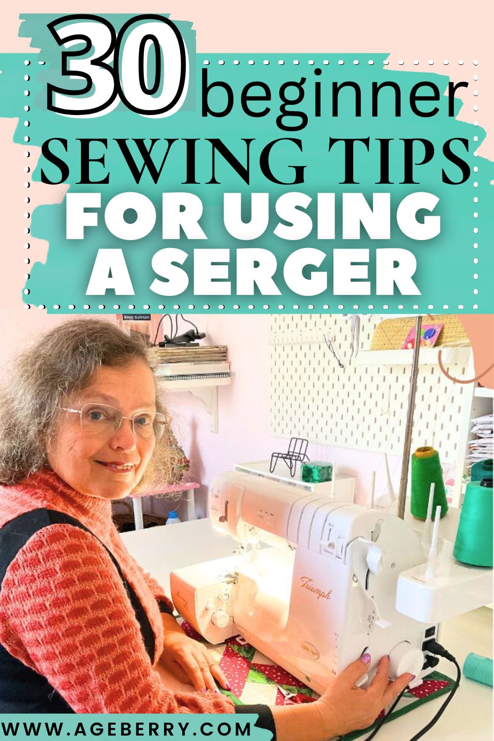 Sewist working at a serger sewing machine in a home sewing space, illustrating beginner sewing tips for learning how to use a serger confidently and correctly.