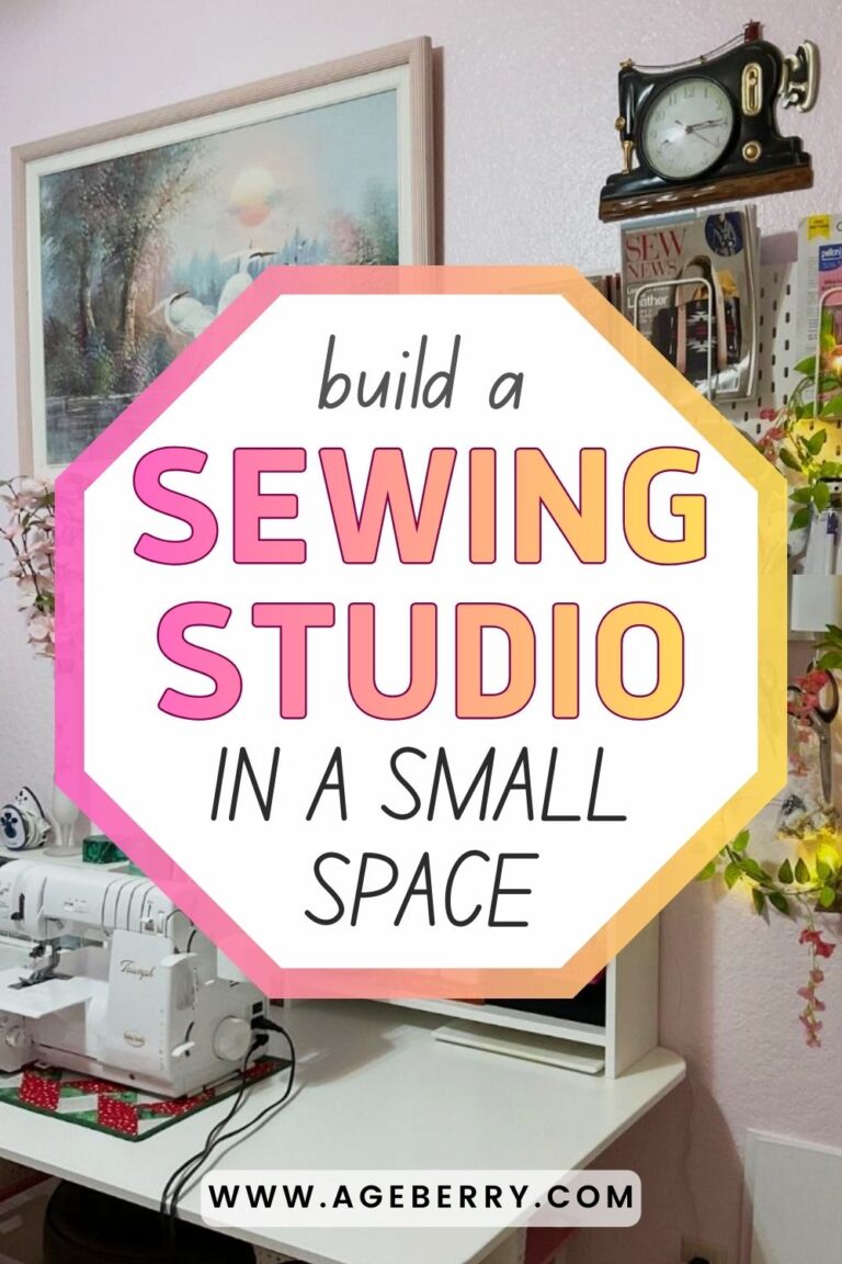 Compact sewing studio set up in a small space, showing a sewing machine on a desk with wall-mounted storage, shelves, and tools arranged for an efficient home sewing workspace.