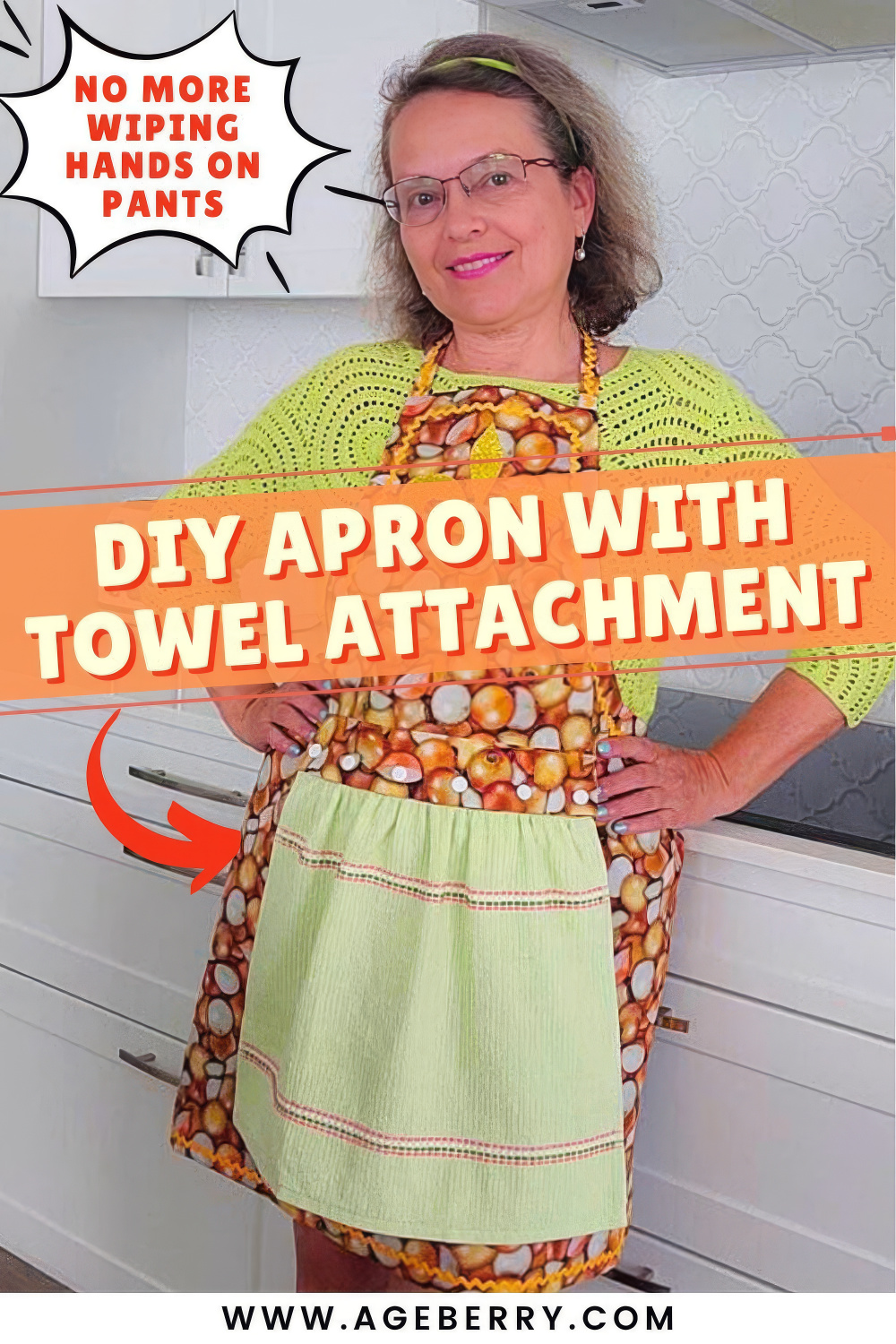 Woman standing in a bright kitchen wearing a handmade apron with a sewn-in towel attached at the front, demonstrating a practical DIY apron design that keeps hands clean while cooking.