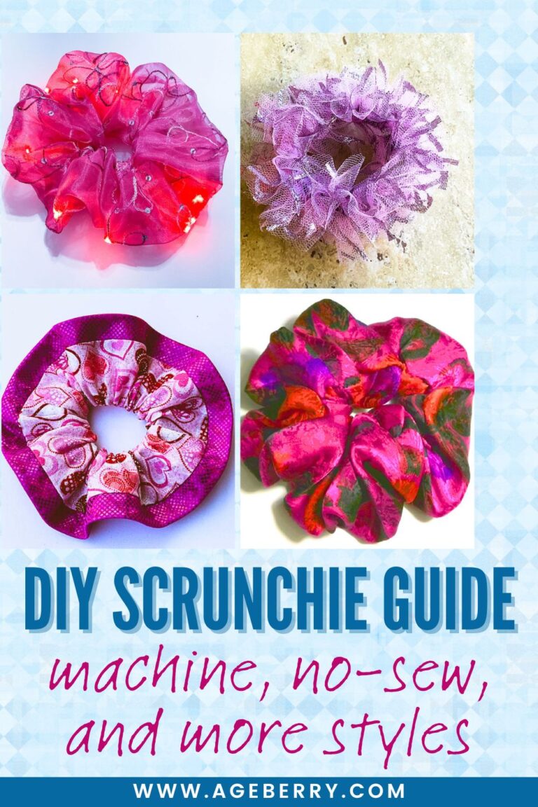 Collection of handmade scrunchies displayed in a grid, including organza, tulle, cotton, and patterned fabrics, showing different textures, fullness levels, and construction styles for scrunchies.