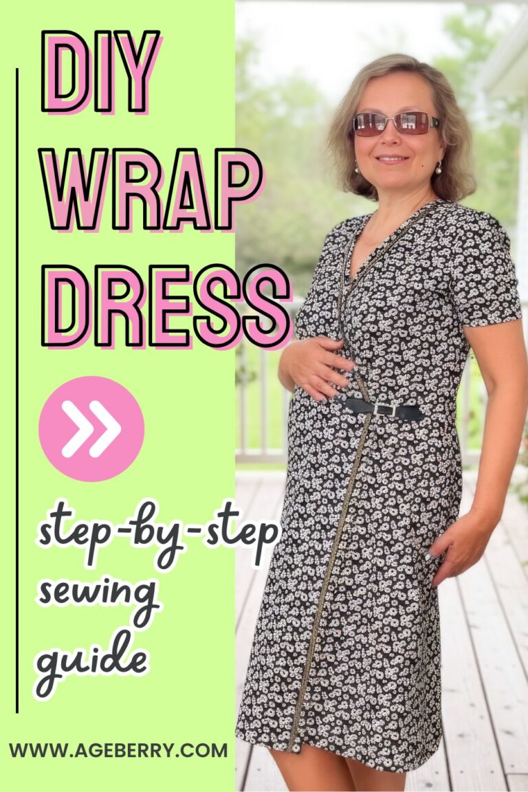 Woman wearing a handmade black wrap dress with a small floral print, shown on a porch, highlighting the wrap front, V-neckline, short sleeves, and waist tie placement during the sewing tutorial process.