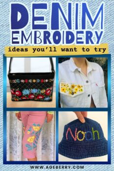 Collection of denim embroidery ideas, including a floral embroidered handbag, a denim jacket pocket with yellow flowers, embroidered pants, and a denim hat with stitched lettering, showcasing creative embroidery projects on denim.