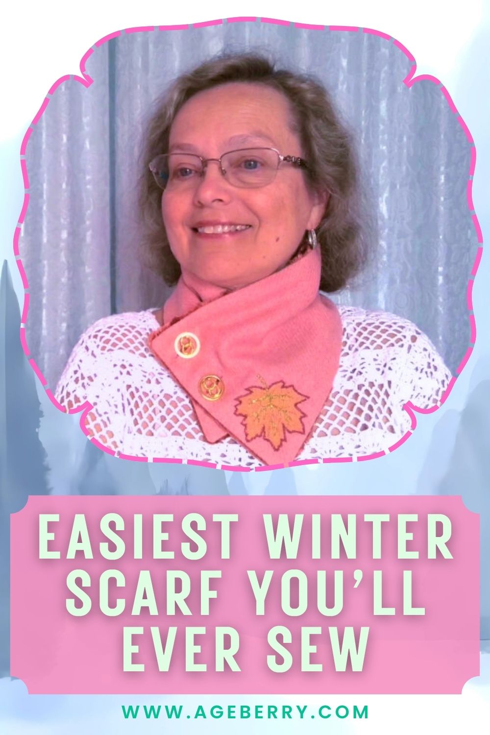 Finished pink fleece winter scarf with decorative buttons and embroidered leaf, worn around the neck, framed with a pastel border and text reading “Easiest Winter Scarf You’ll Ever Sew.”