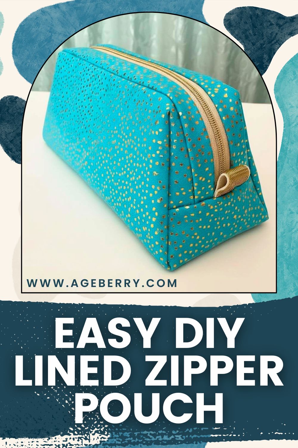 Handmade lined zipper pouch in teal fabric with gold metallic dots and a beige zipper, neatly boxed corners visible, demonstrating an easy DIY sewing project for beginners.