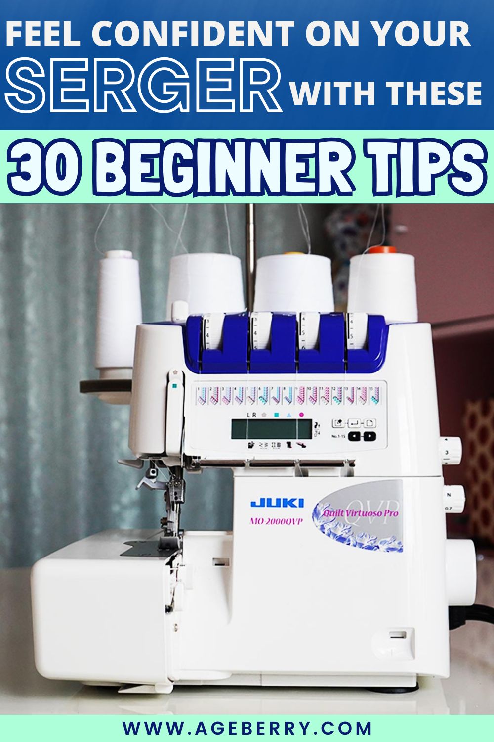 Serger sewing machine threaded and ready for use, shown as part of a beginner guide with 30 practical tips to help sewists feel confident using a serger.