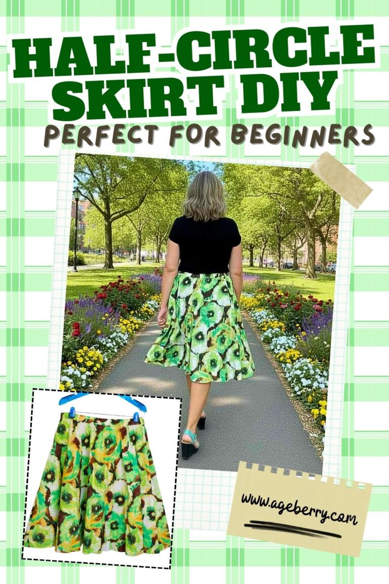 Back view of a woman walking along a garden path wearing a green floral half-circle skirt and black top, with an inset image showing the skirt laid flat on a hanger, surrounded by a scrapbook-style collage background.