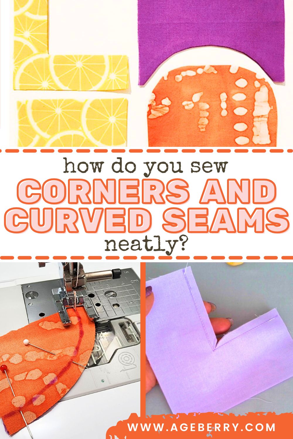 Close-up examples showing how to sew neat corners and curved seams, including clipped curves, pivoted corners, and stitched fabric pieces for clean, professional results.