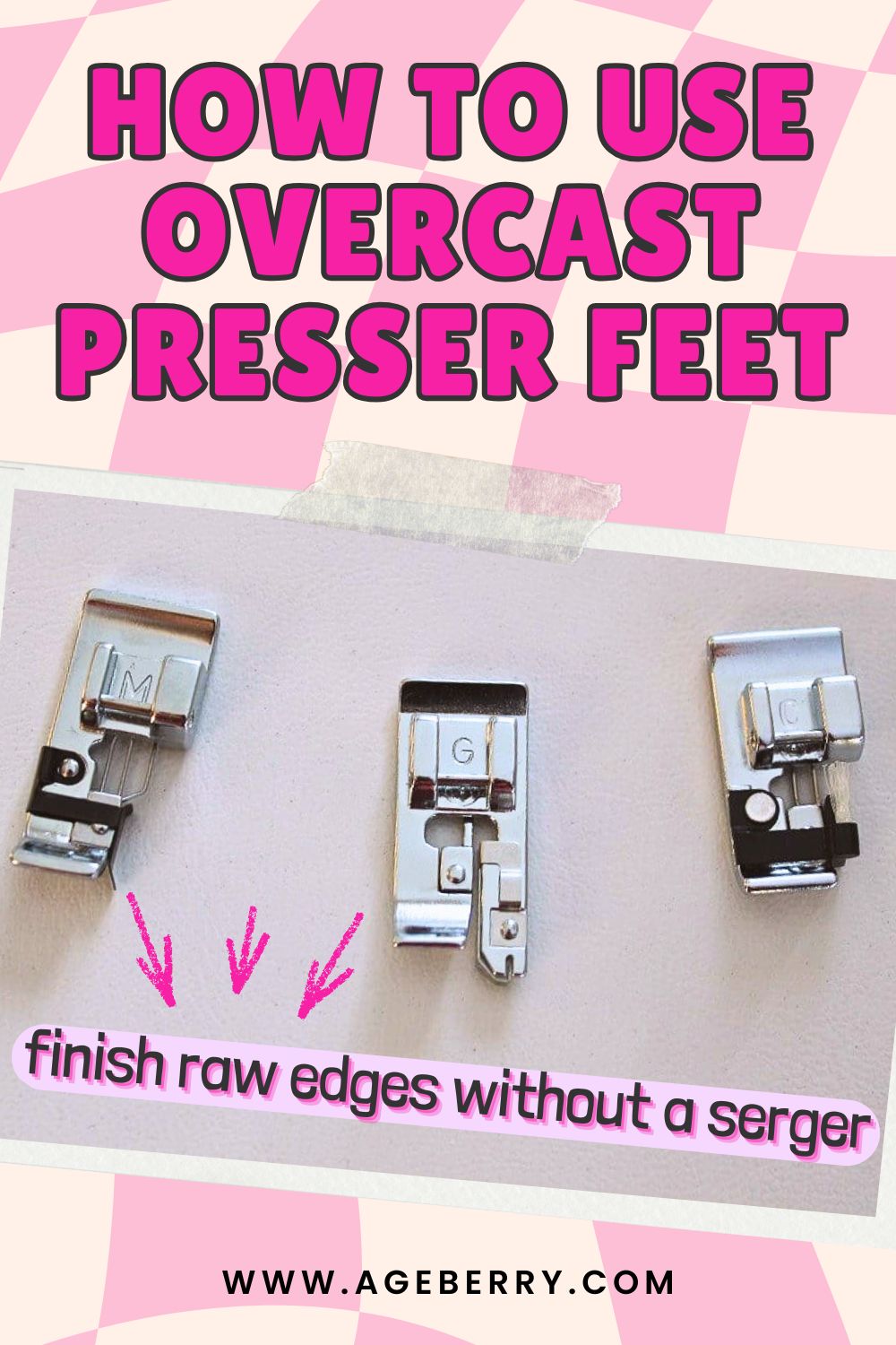 Overcast presser feet labeled and aligned side by side, demonstrating how to use an overcast foot to sew clean edge finishes and prevent fabric fraying using a regular sewing machine.