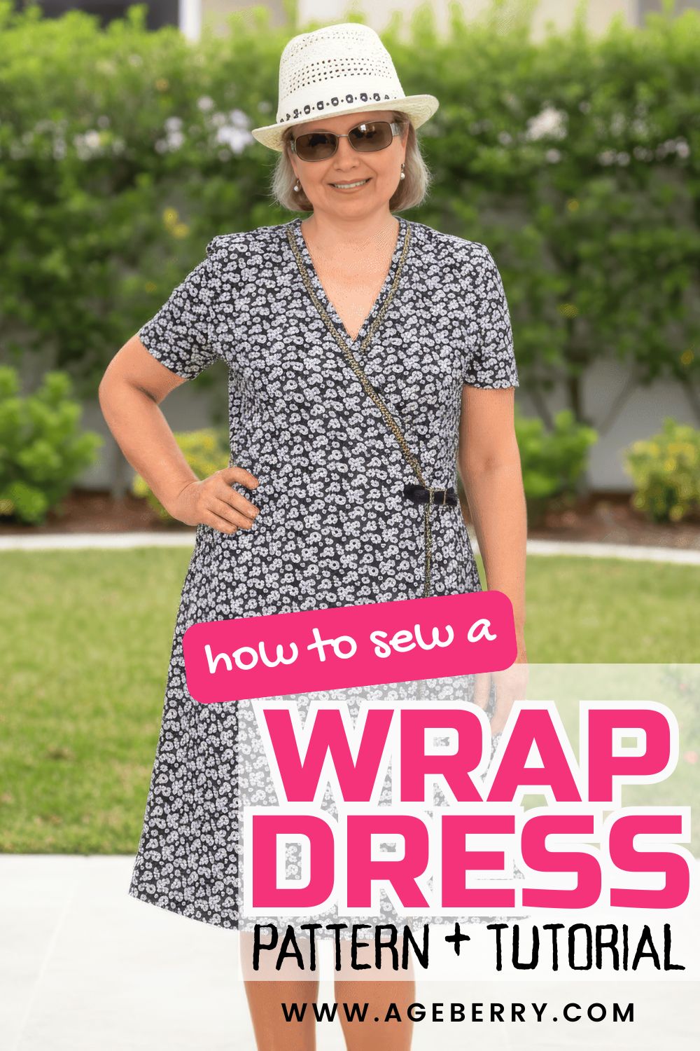 Finished wrap dress worn outdoors, featuring a black floral fabric, V-neck wrap bodice, short sleeves, visible waist tie, and neatly stitched wrap edge, showing the final result of the wrap dress sewing pattern and tutorial.