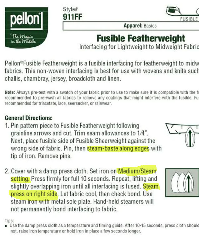 pellon fusible featherweight instruction sheet with portions of the text indicating steam use highlighted