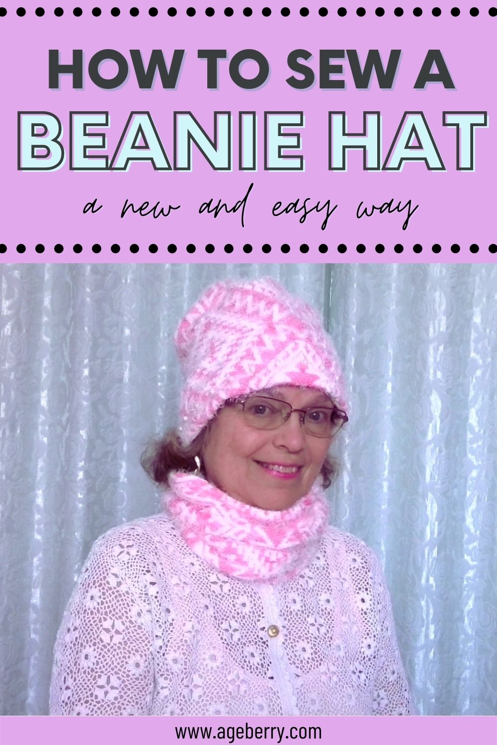 Woman modeling a soft pink fleece beanie hat and coordinating cowl, illustrating a new and easy way to sew a beanie hat for beginners.