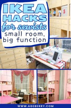 Small sewing room organized with IKEA storage cabinets and drawers, showing sewing machines, fabric storage, and work surfaces arranged for maximum function, illustrating IKEA hacks for sewists working in limited space.
