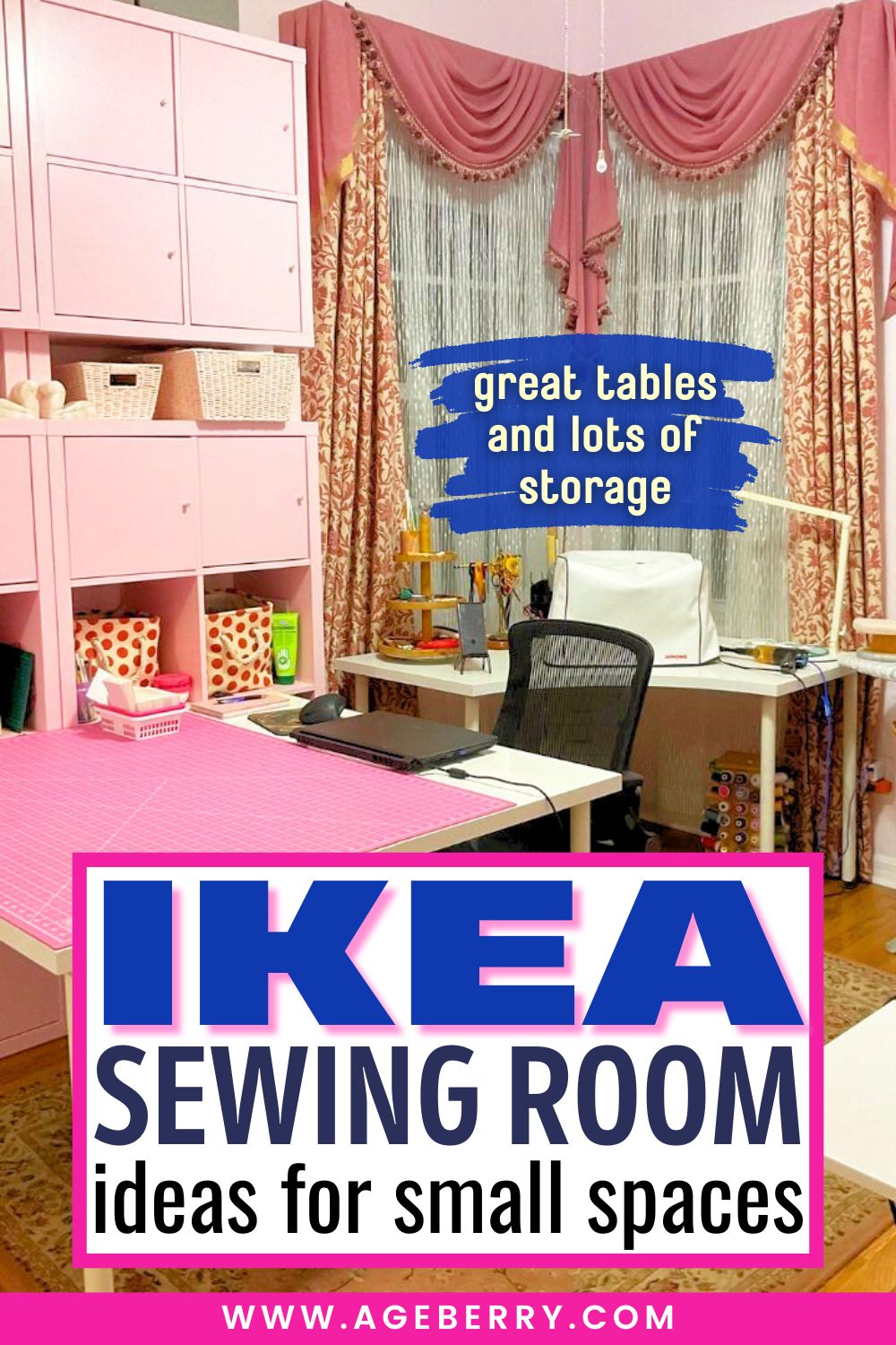 Small sewing room set up with IKEA furniture, featuring large work tables, sewing machines, and plenty of built-in storage cabinets and baskets, showing practical IKEA sewing room ideas for small spaces.