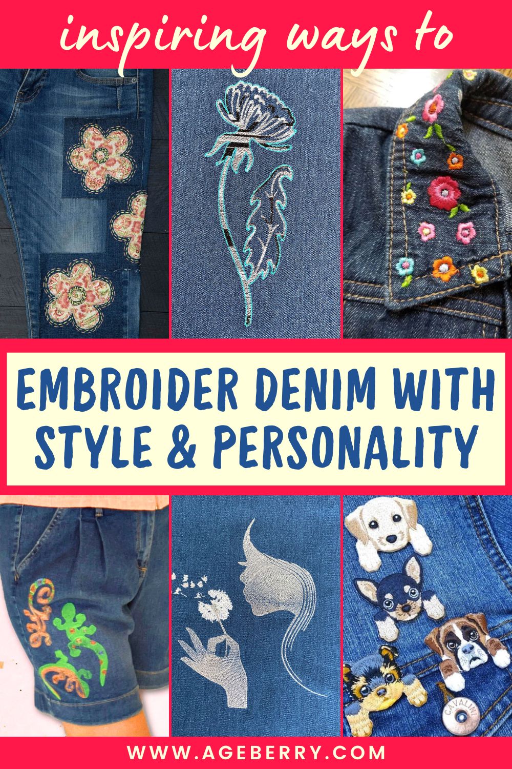 Assorted embroidered denim pieces featuring floral motifs, decorative patches, stitched designs, and playful animal embroidery on jeans and jackets, showing inspiring ways to add style and personality to denim with embroidery.