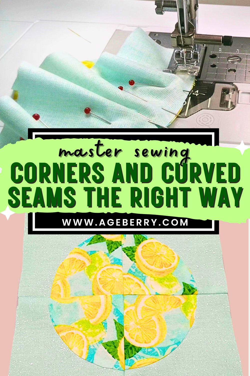 Fabric pieces pinned and stitched on a sewing machine to demonstrate proper techniques for sewing corners and curved seams, including careful pinning and smooth stitching around curves.