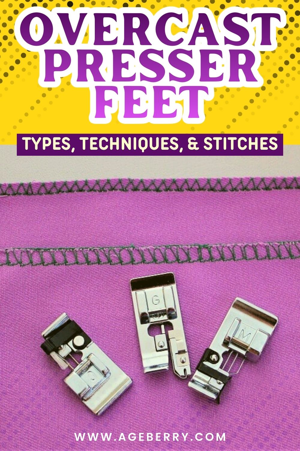 Three types of overcast presser feet placed on knit fabric with visible overcast stitches, showing how each foot guides the stitch to wrap the raw edge and prevent fraying without using a serger.
