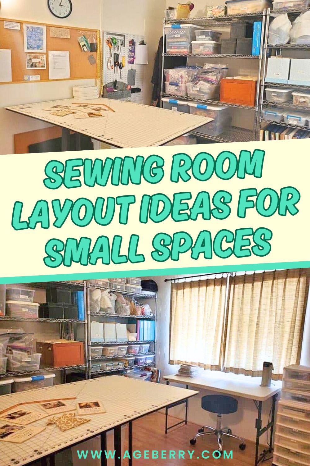 Sewing room layout designed for a small space, featuring a large cutting table, wire shelving with labeled storage bins, and a separate sewing desk, illustrating practical organization and workflow ideas.