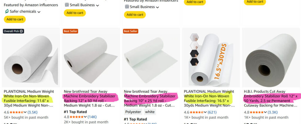 screenshot of a sample amazon search that shows both stabilizer and interfacing despite the search being only for stabilizer
