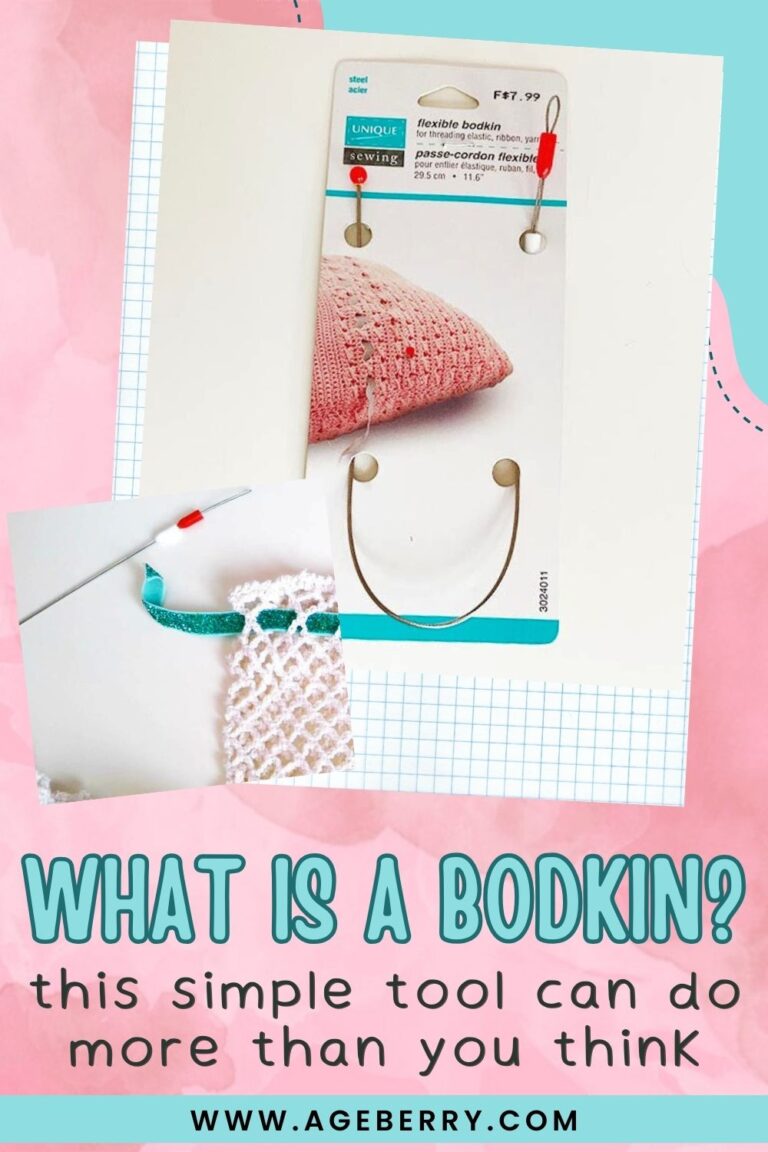 Sewing bodkin tools shown with fabric casings and fabric samples, demonstrating how a bodkin is used to insert elastic, cords, or drawstrings through a sewn fabric casing.