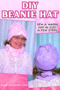 Woman wearing a pink fleece DIY beanie hat and matching neck warmer, shown from front and back views, demonstrating how to sew a warm beanie hat in just a few steps.