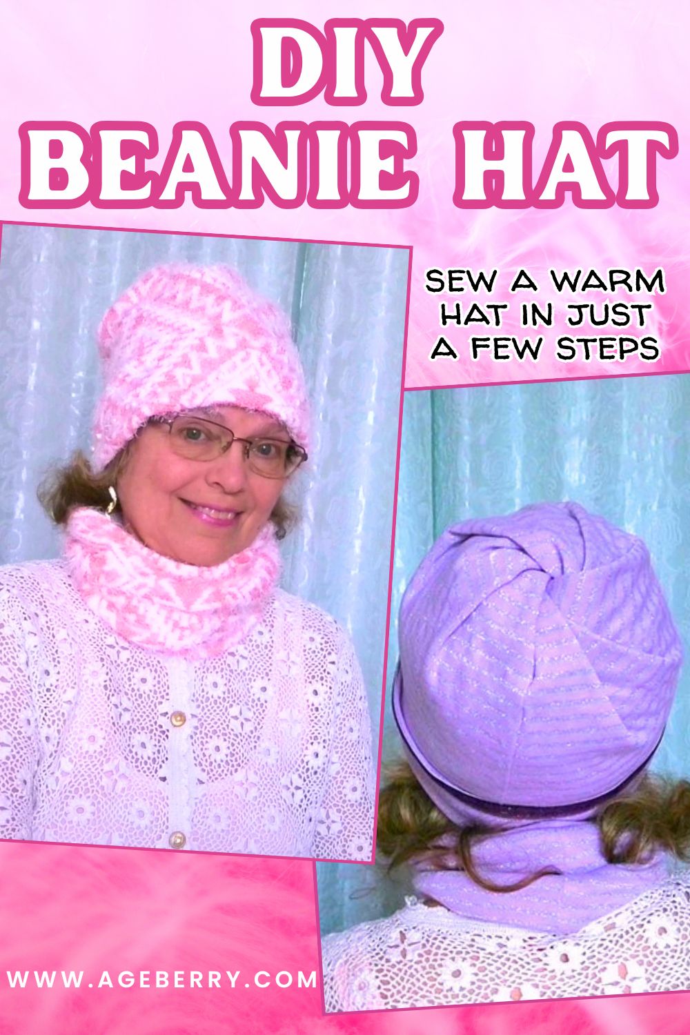 Woman wearing a pink fleece DIY beanie hat and matching neck warmer, shown from front and back views, demonstrating how to sew a warm beanie hat in just a few steps.
