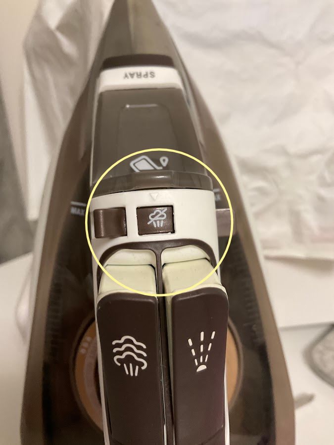 an iron close up with the no steam button highlighted