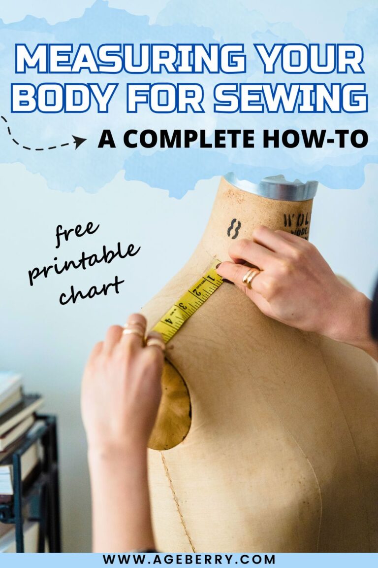 Measuring tape wrapped around a dress form torso to demonstrate how to take accurate body measurements for sewing, shown as part of a complete step-by-step measuring guide with a free printable chart.