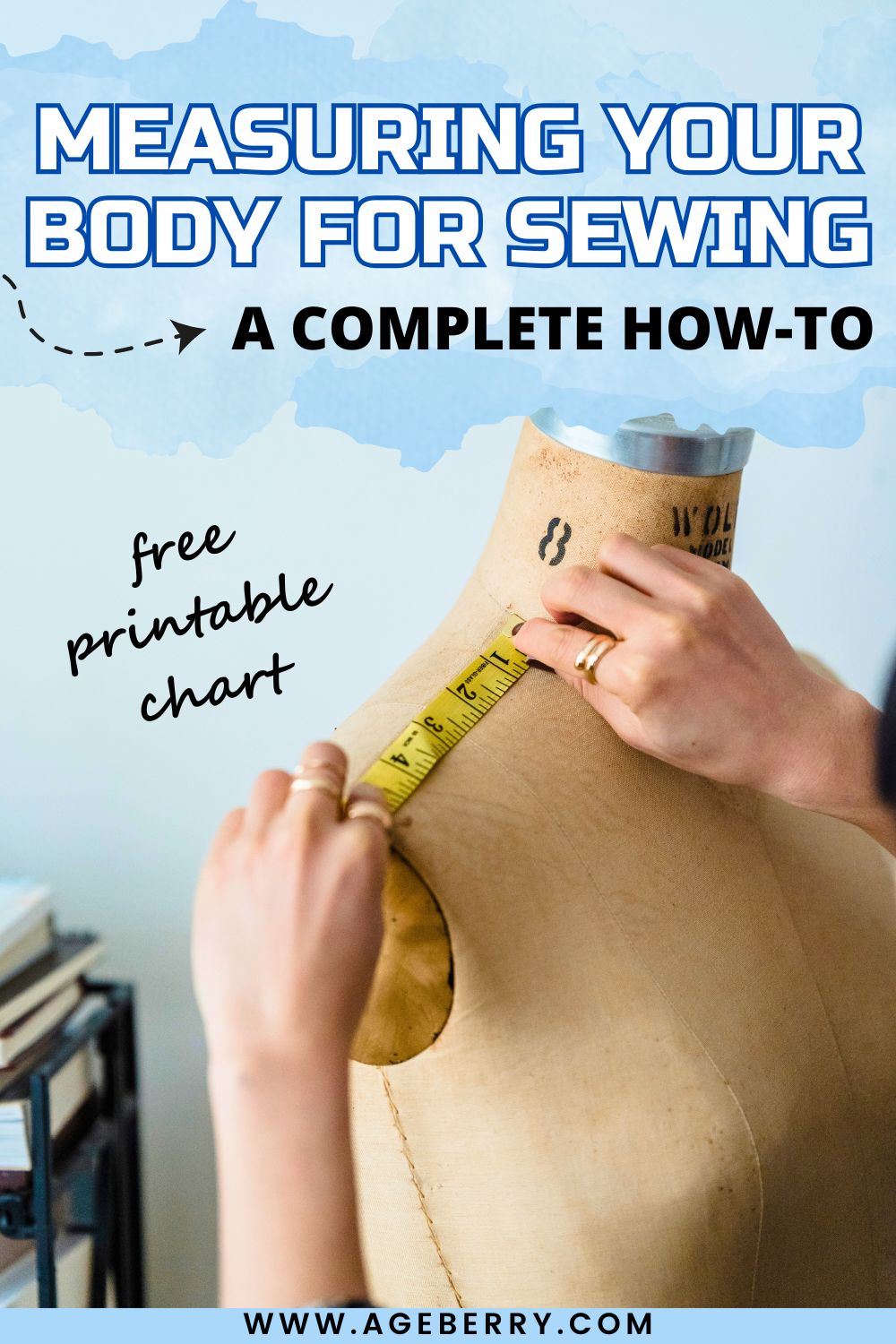 Measuring tape wrapped around a dress form torso to demonstrate how to take accurate body measurements for sewing, shown as part of a complete step-by-step measuring guide with a free printable chart.