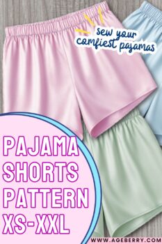 Pastel pajama shorts in pink, mint, and light blue with elastic waists, laid flat to showcase a pajama shorts sewing pattern available in sizes XS–XXL for making comfortable handmade sleepwear.