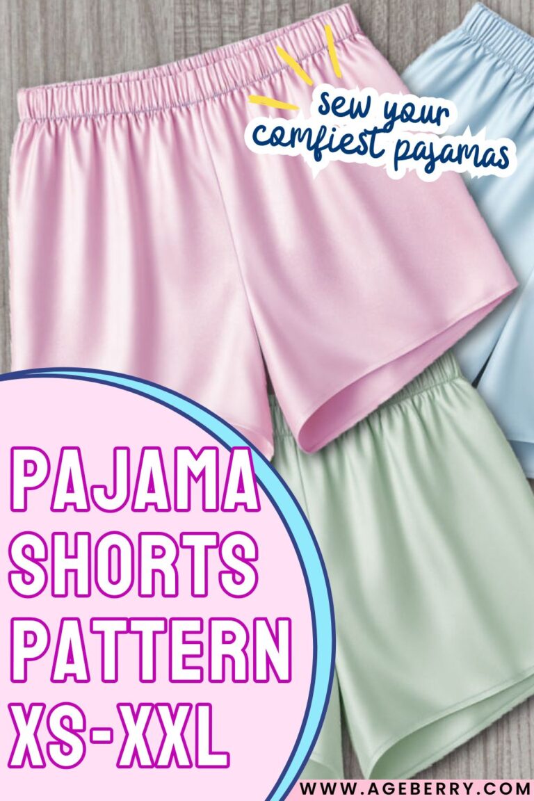 Pastel pajama shorts in pink, mint, and light blue with elastic waists, laid flat to showcase a pajama shorts sewing pattern available in sizes XS–XXL for making comfortable handmade sleepwear.