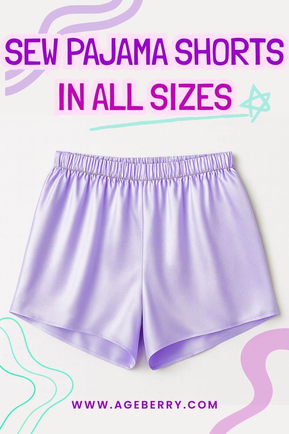 Satin pajama shorts with an elastic waistband in a soft lavender color, showing a simple pull-on design suitable for sewing pajama shorts in all sizes using a beginner-friendly pattern.
