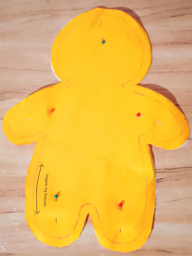 Soft toy body pieces aligned with right sides together and pinned around the edges, with a clearly marked section left unpinned to form the opening for turning and stuffing.