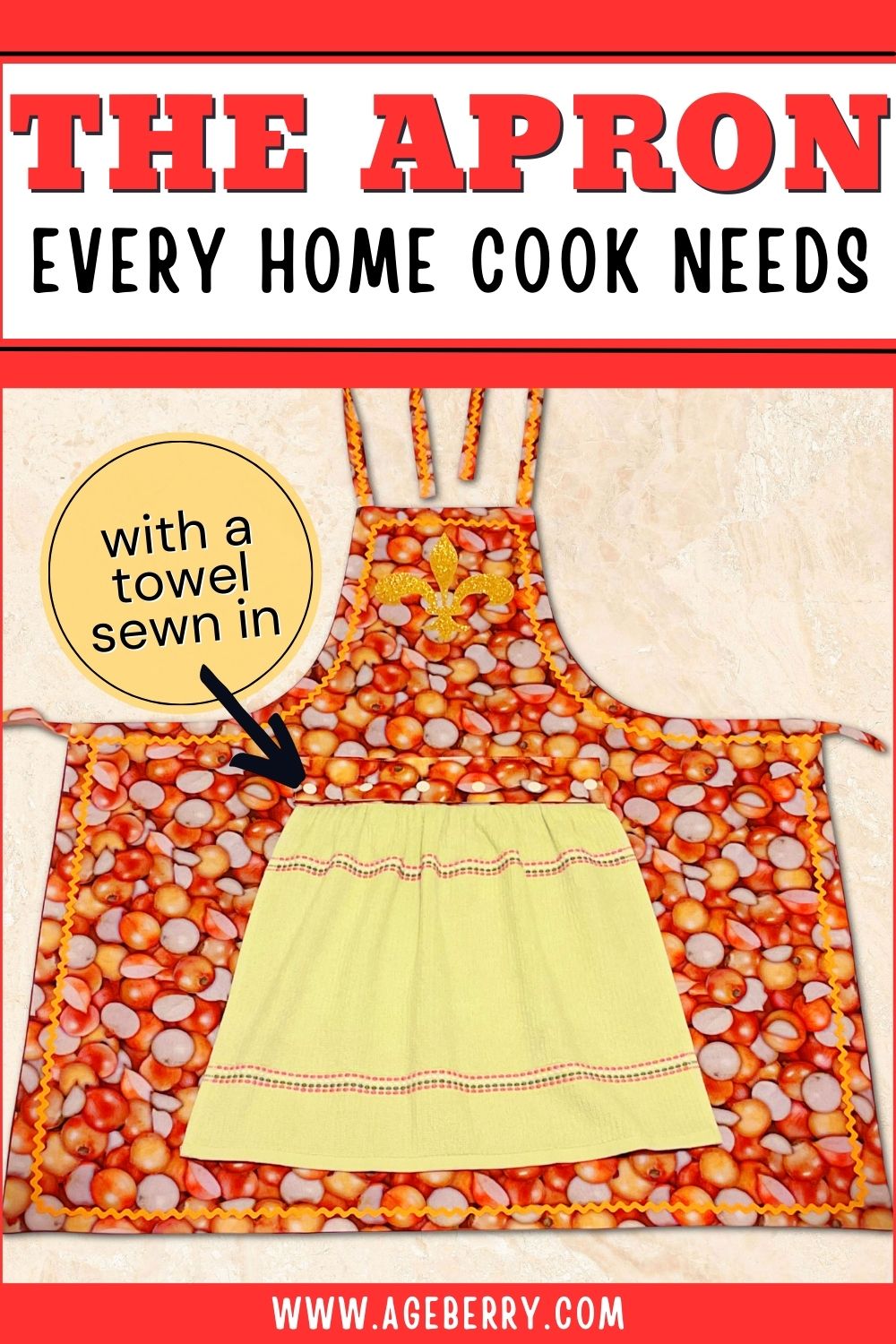 Handmade kitchen apron laid flat, featuring a decorative cotton fabric and a towel securely sewn into the front panel, showing the built-in towel attachment detail clearly.