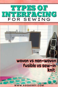 Vertical image with large green text at the top reading “Types of Interfacing for Sewing.” Below the text, several white pieces of interfacing are placed on a pink ironing board with teal and white polka dot fabric underneath. A sewing machine and a steam iron are visible in the background near a window. Additional text reads “woven vs non-woven, fusible vs sew-in, knit,” and the website www.ageberry.com appears at the bottom.