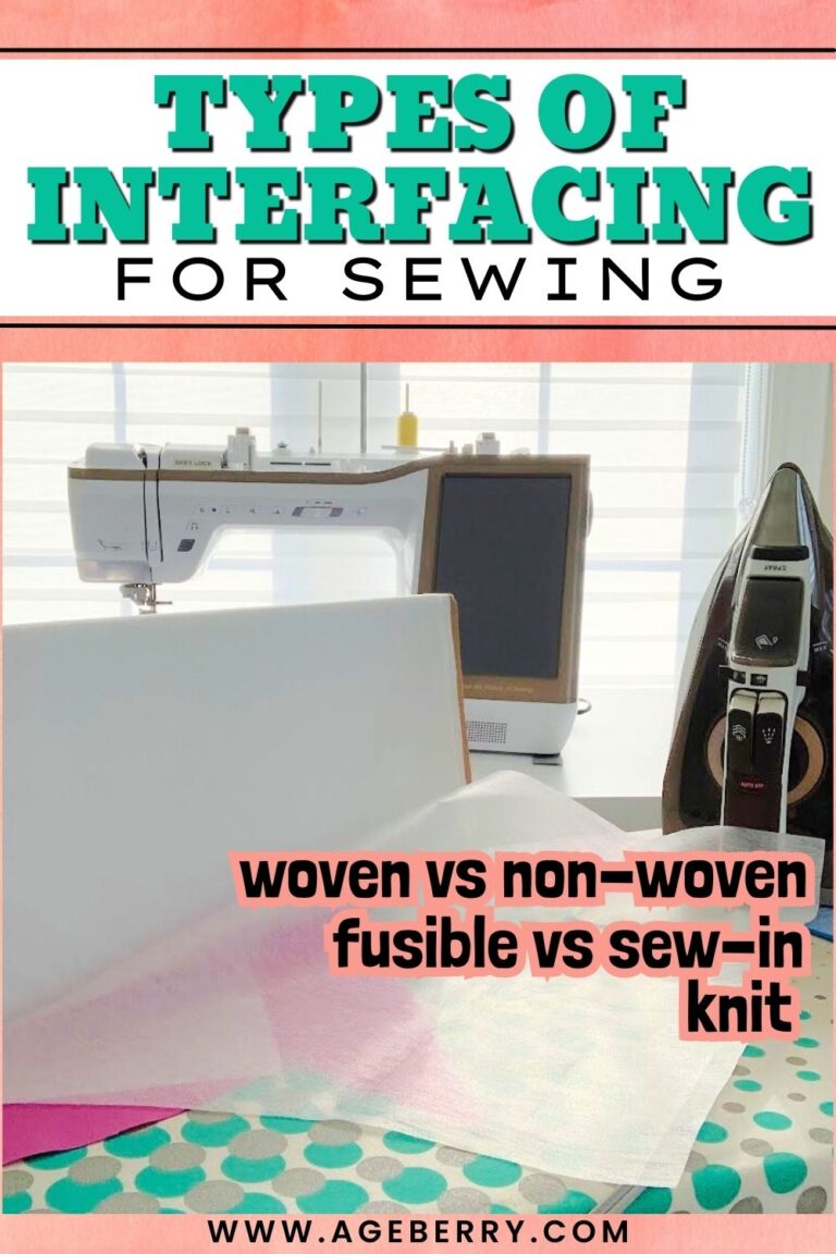 Vertical image with large green text at the top reading “Types of Interfacing for Sewing.” Below the text, several white pieces of interfacing are placed on a pink ironing board with teal and white polka dot fabric underneath. A sewing machine and a steam iron are visible in the background near a window. Additional text reads “woven vs non-woven, fusible vs sew-in, knit,” and the website www.ageberry.com appears at the bottom.