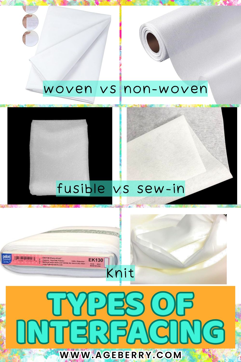 Collage-style vertical image showing different types of interfacing. The top section compares folded white woven interfacing with a roll of non-woven interfacing, labeled “woven vs non-woven.” The middle section shows fusible interfacing beside sew-in interfacing, labeled “fusible vs sew-in.” The lower section shows knit interfacing in folded layers and on a roll. Large text at the bottom reads “Types of Interfacing” with www.ageberry.com
 displayed underneath.