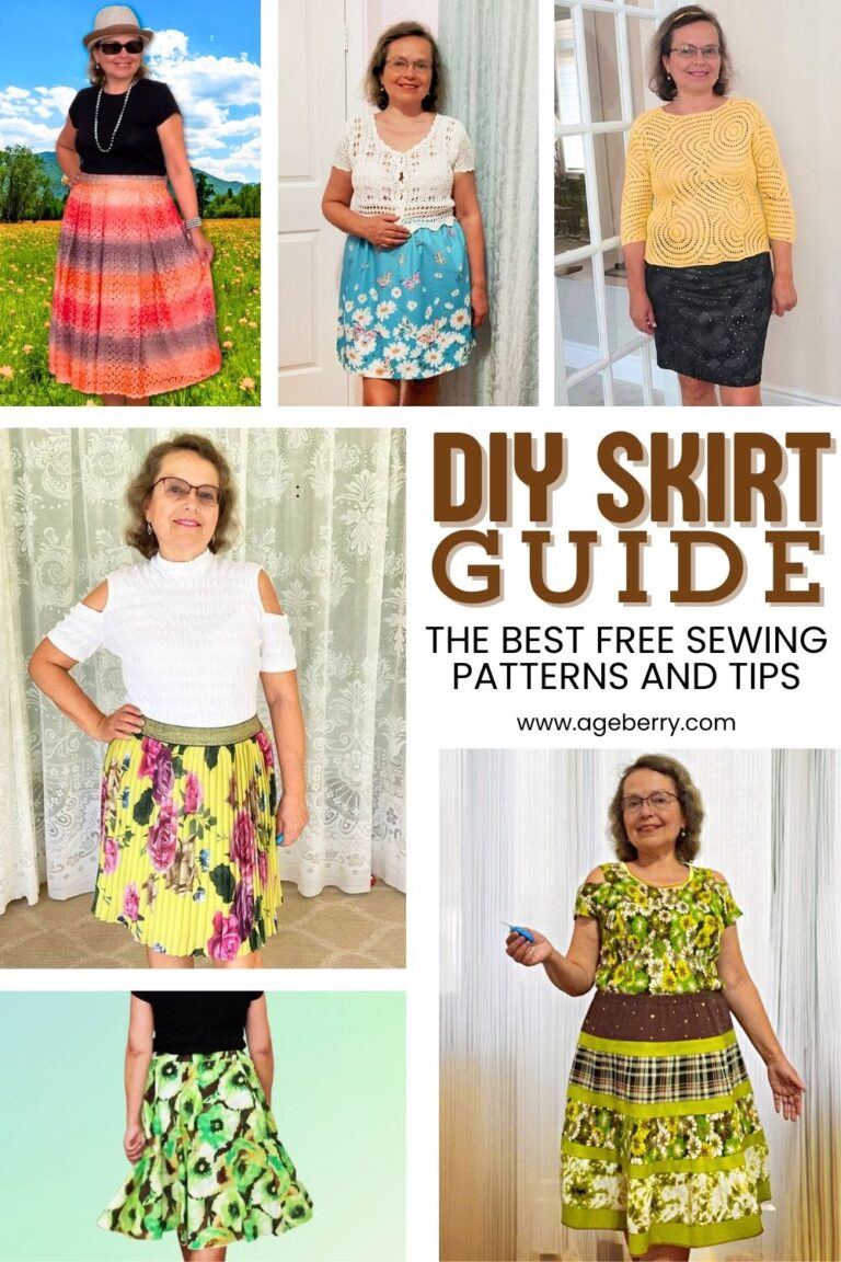Collage of six photos showing different handmade skirts worn by the same woman (pleated floral skirt, blue floral skirt, black pencil skirt, tiered green skirt, and other colorful styles). Center text reads “DIY Skirt Guide” and “The Best Free Sewing Patterns and Tips,” with “www.ageberry.com.”