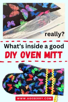 Pinterest graphic showing what’s inside a good DIY oven mitt, with close-up of layered materials including thermal batting and cotton batting, and finished quilted oven mitt made from butterfly print fabric.