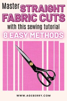 Close-up of black sewing scissors cutting straight strips from pink fabric, with text overlay about mastering straight fabric cuts using 8 easy methods