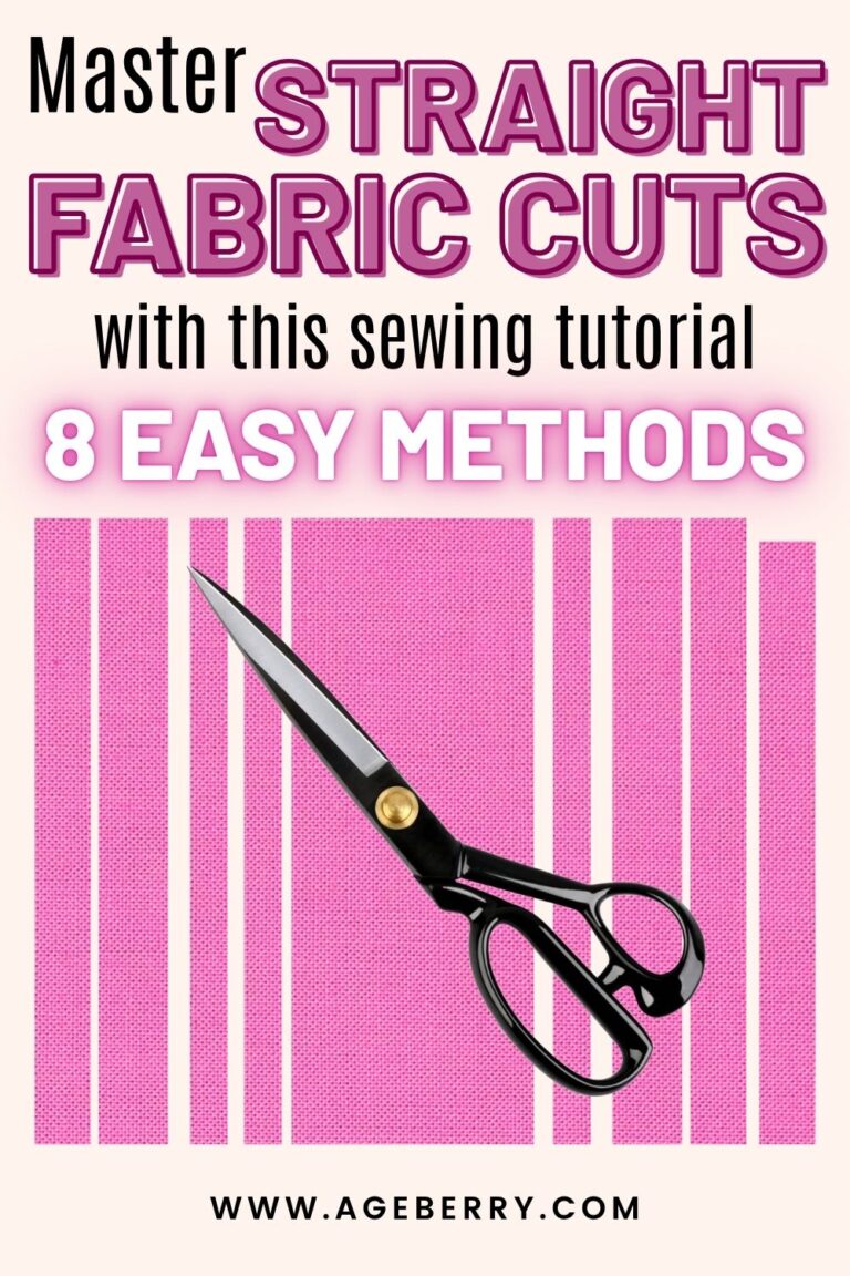 Close-up of black sewing scissors cutting straight strips from pink fabric, with text overlay about mastering straight fabric cuts using 8 easy methods