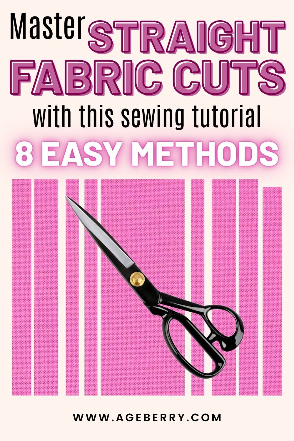 Close-up of black sewing scissors cutting straight strips from pink fabric, with text overlay about mastering straight fabric cuts using 8 easy methods